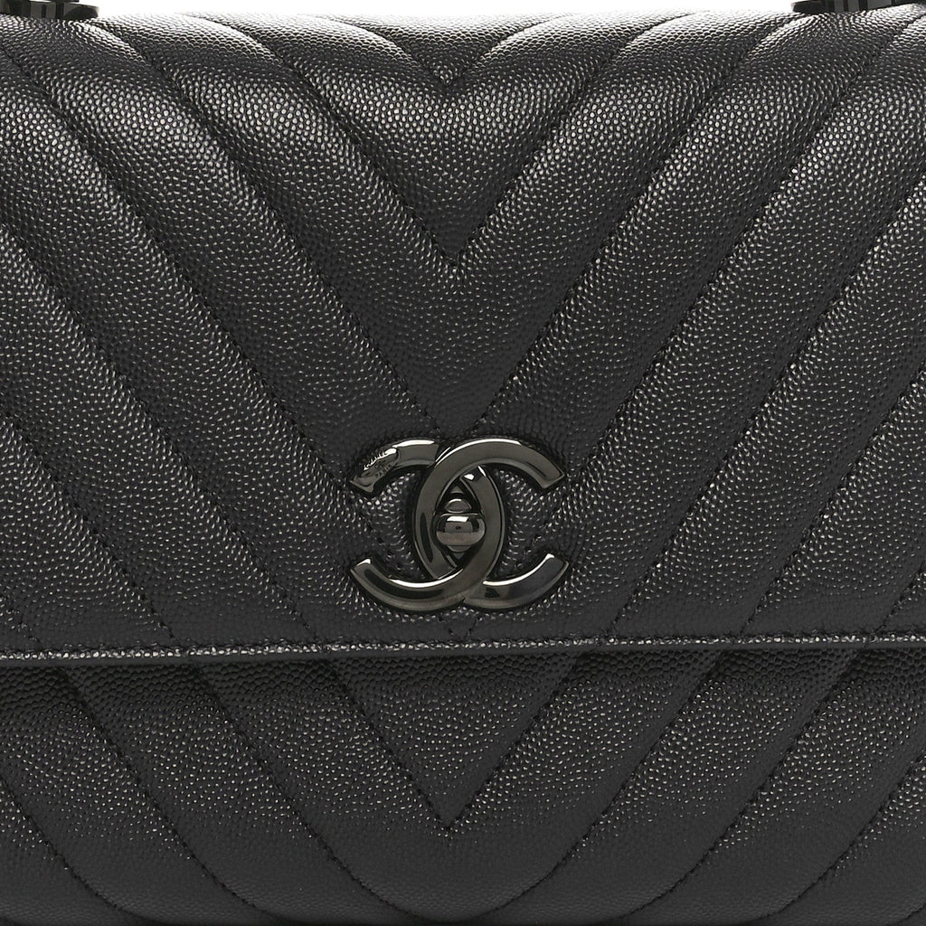 Caviar Chevron Quilted Small Coco Handle Flap So Black