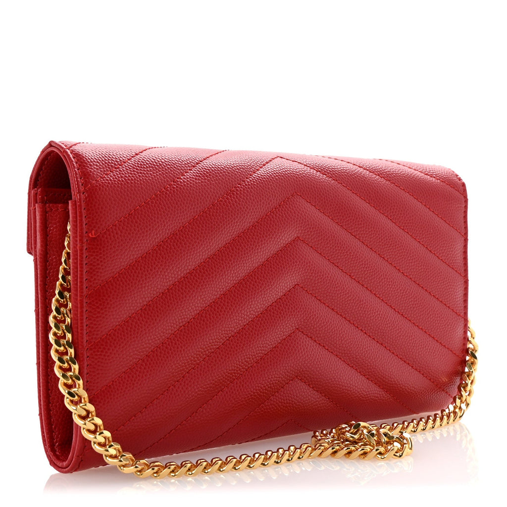 Grain De Poudre Matelasse Chevron Small Monogram Chain Wallet Red