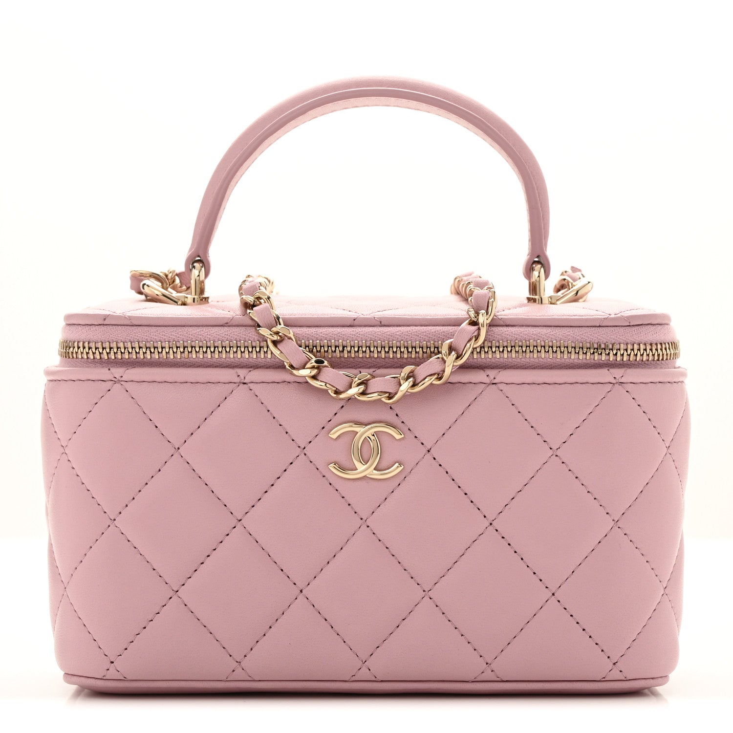 Lambskin Quilted Small Top Handle Vanity Case With Chain Pink