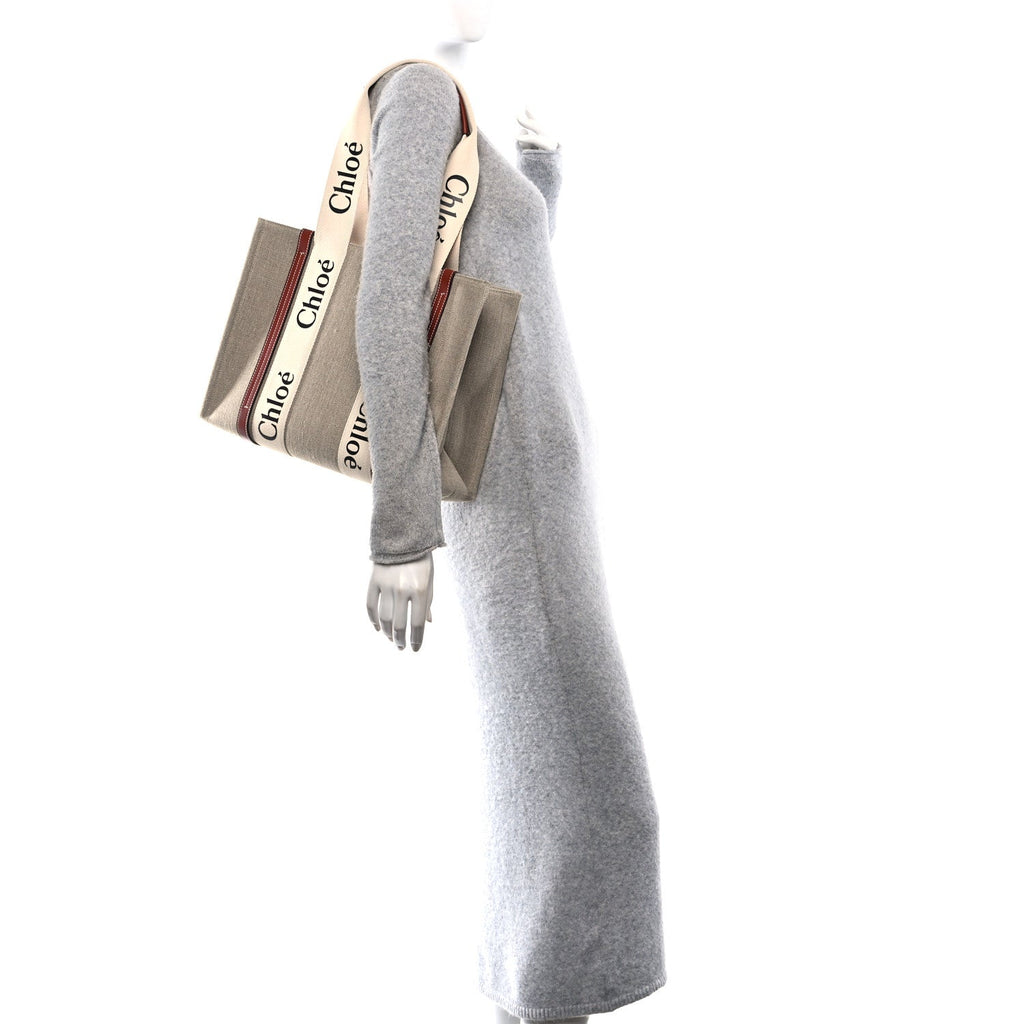 Linen Calfskin Medium Woody Ribbon Tote White Brown