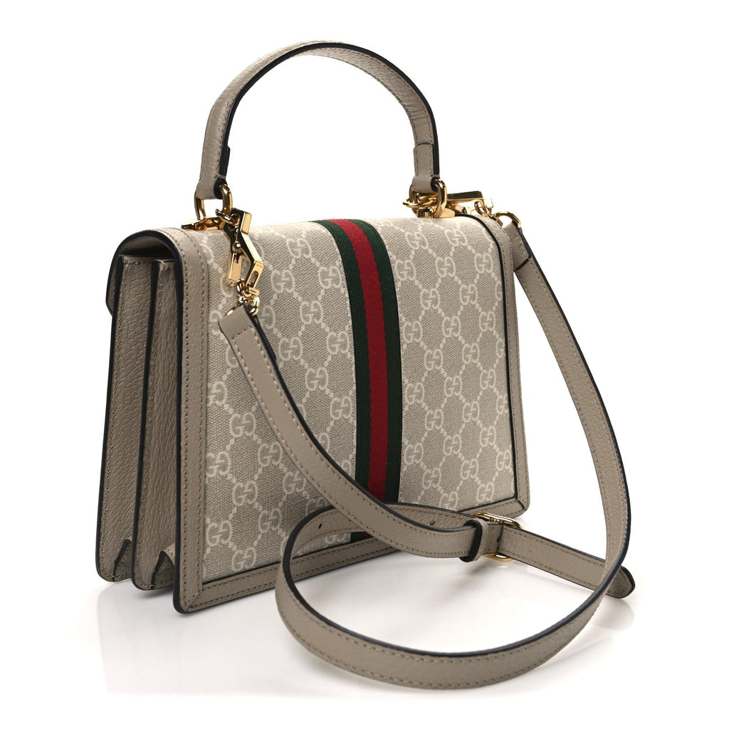 GG Supreme Monogram Textured Dollar Calfskin Web Small Ophidia Padlock Top Handle Bag Beige Mystic White Oatmeal