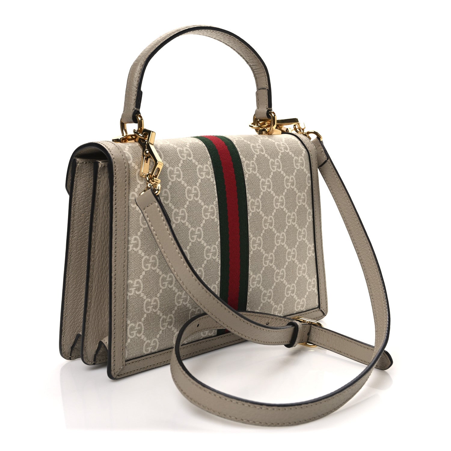 GG Supreme Monogram Textured Dollar Calfskin Web Small Ophidia Padlock Top Handle Bag Beige Mystic White Oatmeal