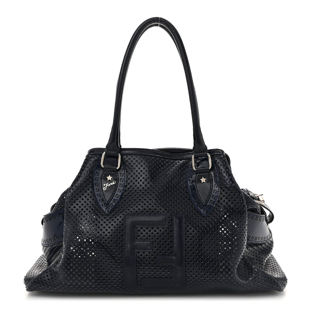 Patent Perforated Calfskin Bag De Jour Perforated Tote Navy