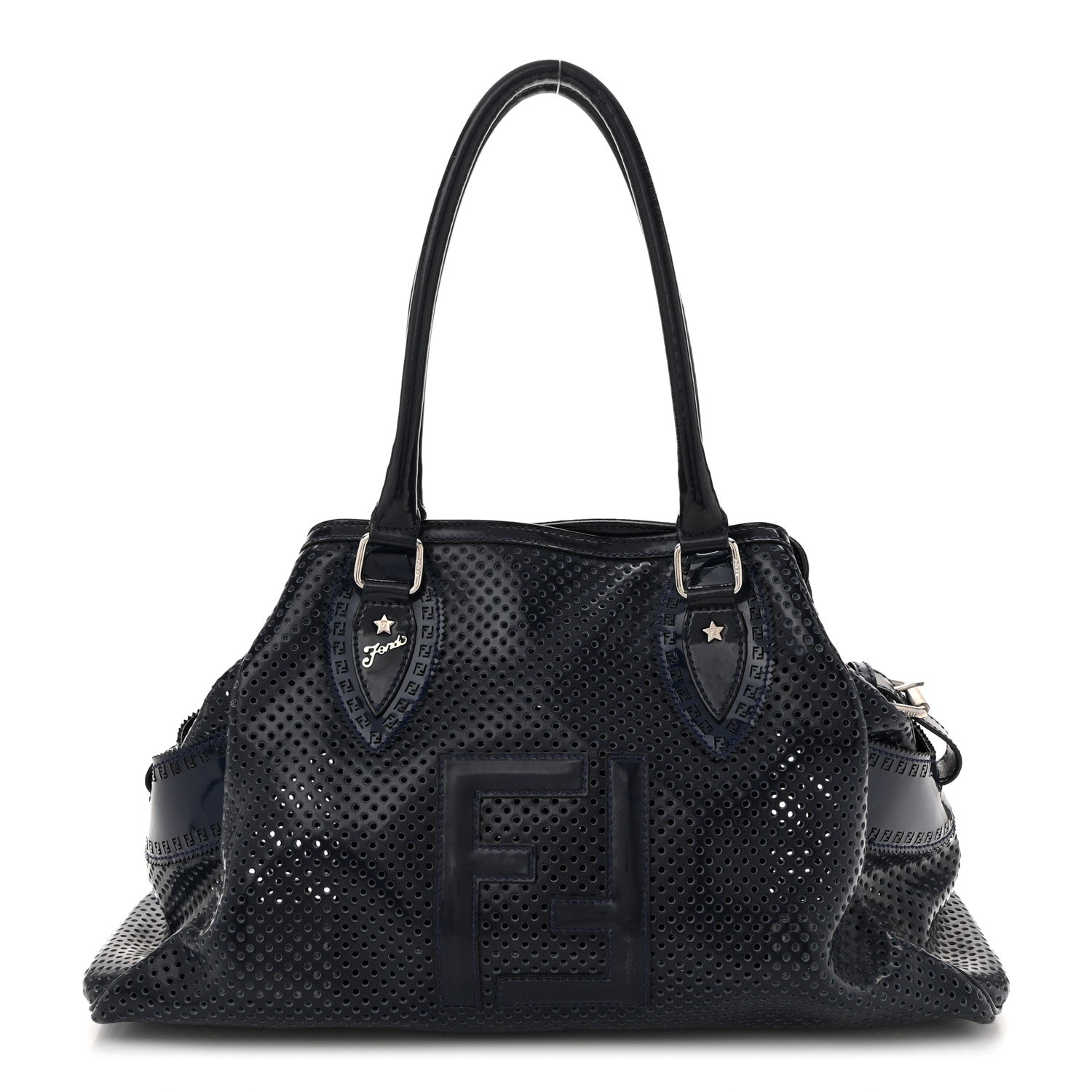 Patent Perforated Calfskin Bag De Jour Perforated Tote Navy