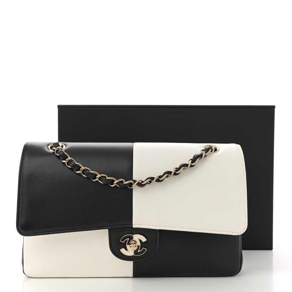 Lambskin Geometric Patchwork Medium Double Flap White Black