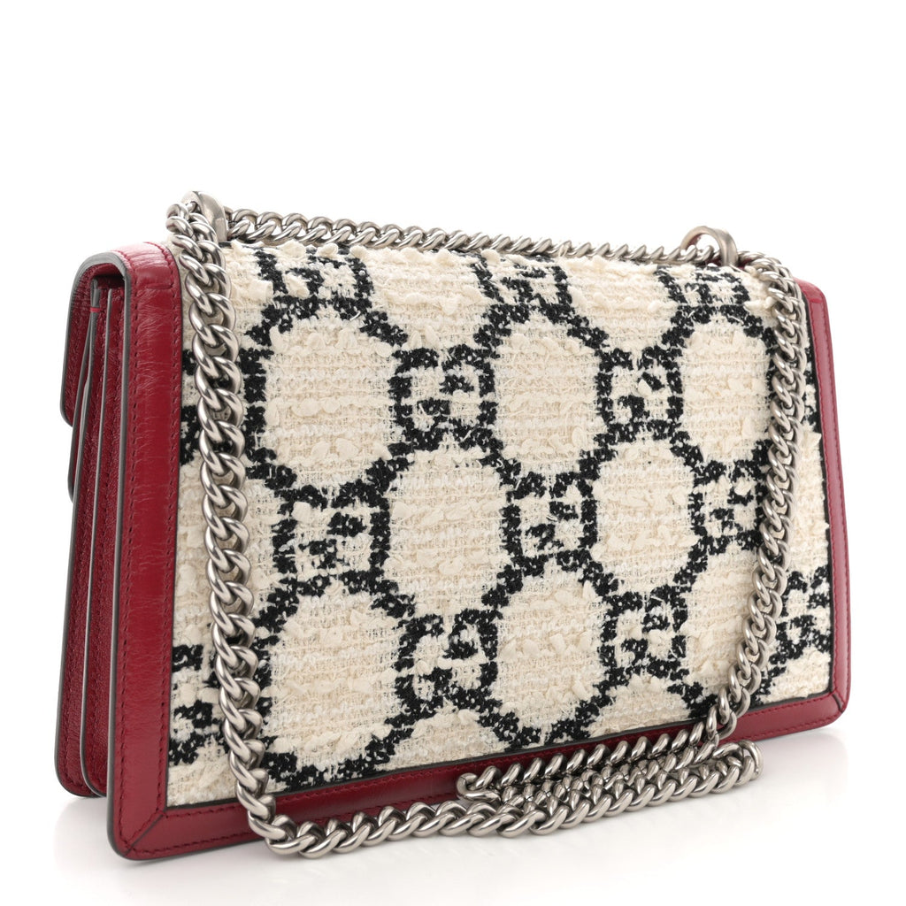 Tweed GG Monogram Small Dionysus Shoulder Bag White Black Romantic Cherry