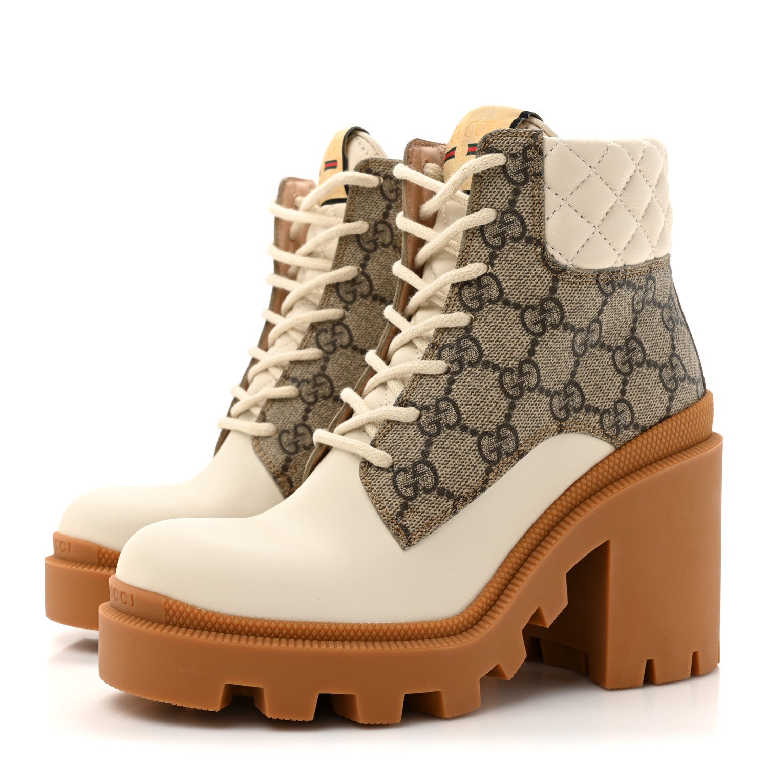 Calfskin GG Supreme Monogram Nappa Quilted Lace Up Ankle Boots 35 Mystic White Beige