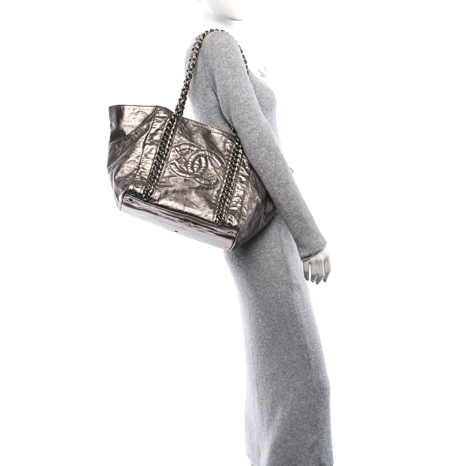 Metallic Cracked Calfskin Modern Chain Tote Dark Silver
