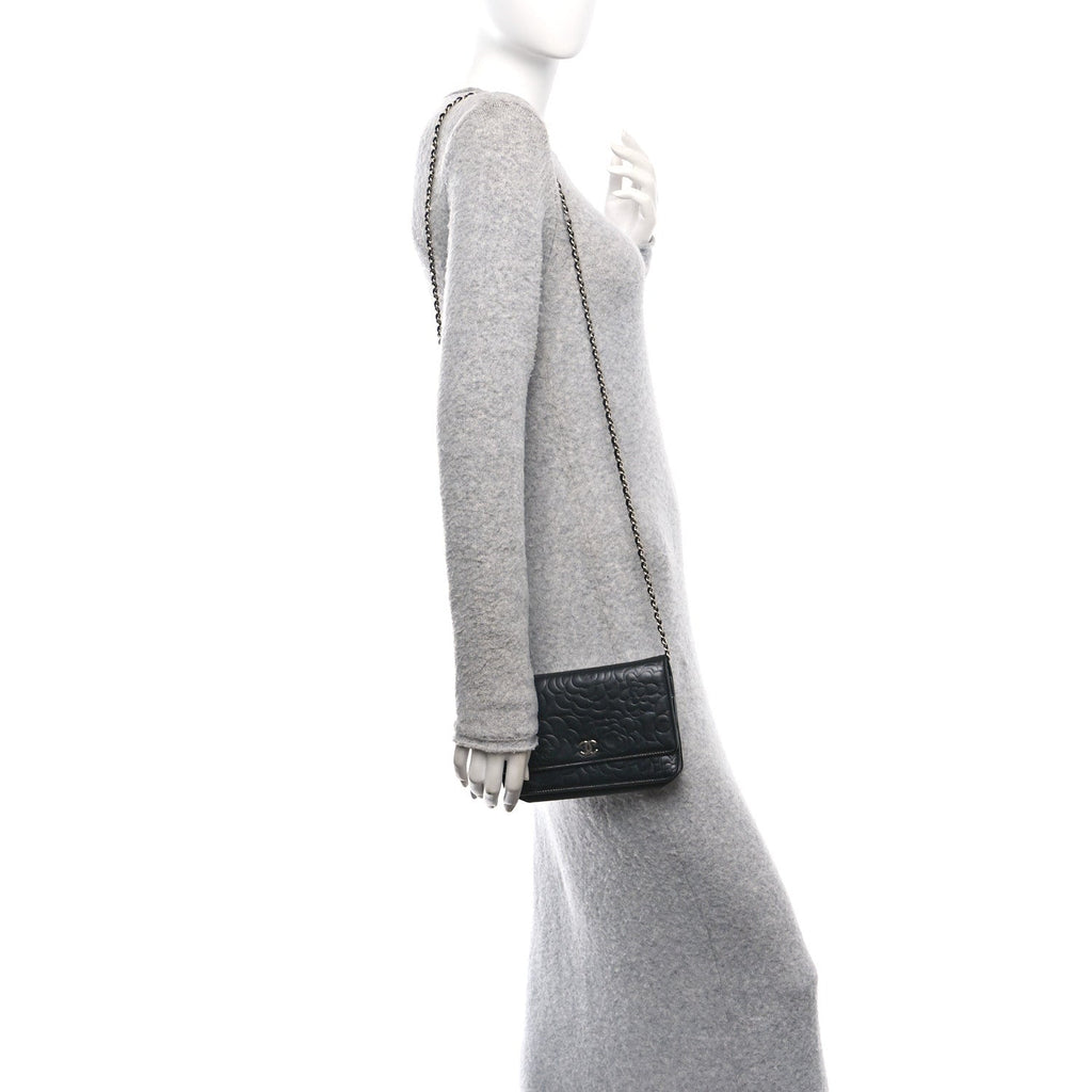 Lambskin Camellia Embossed Wallet on Chain WOC Black