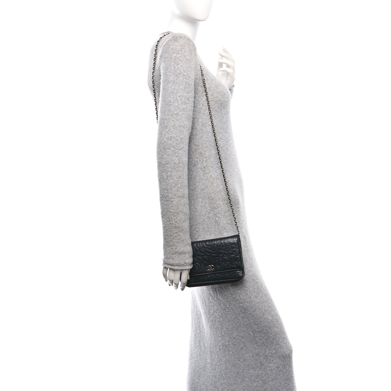 Lambskin Camellia Embossed Wallet on Chain WOC Black