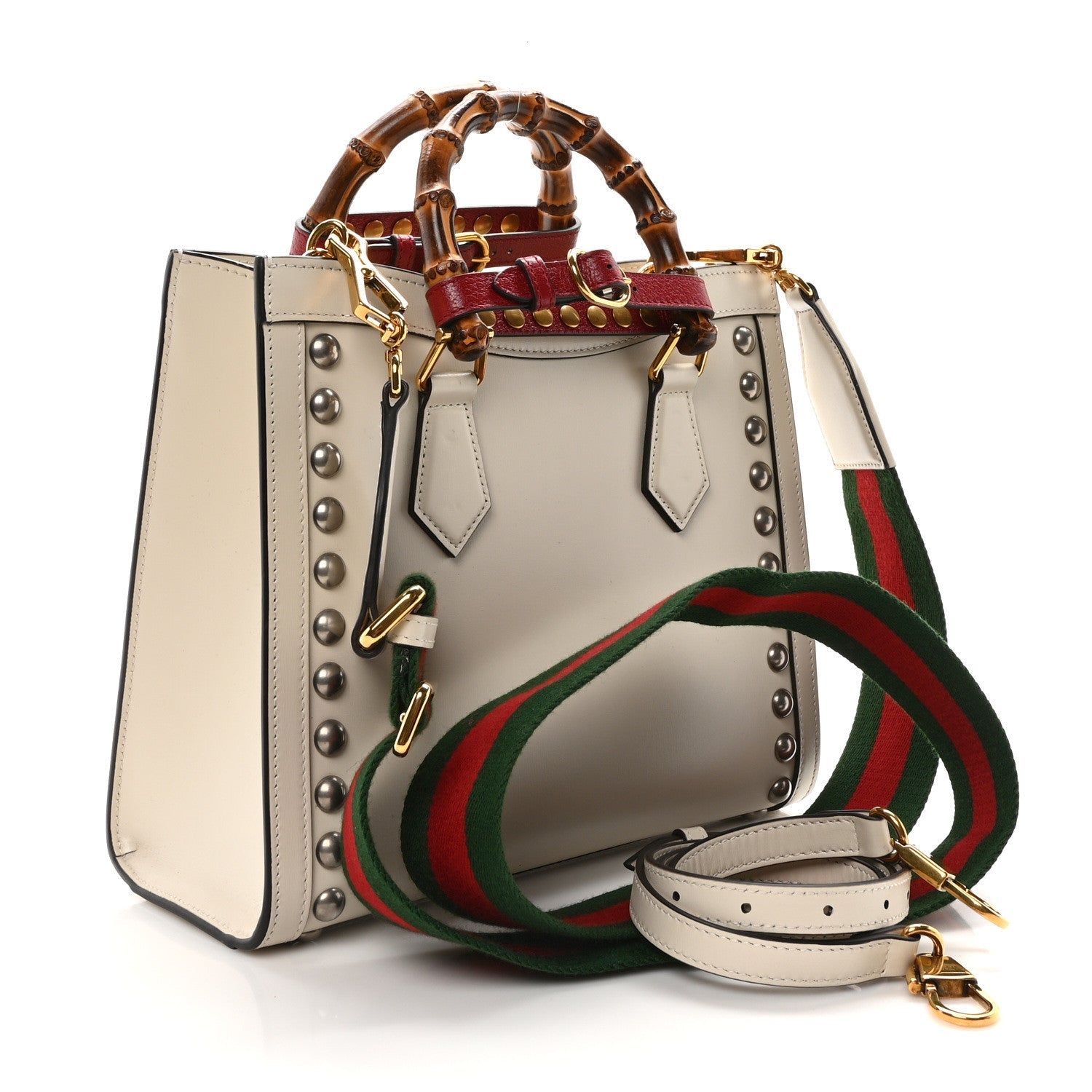 Calfskin Studded Loved Small Diana Tote Bag Mystic White Hibiscus Red
