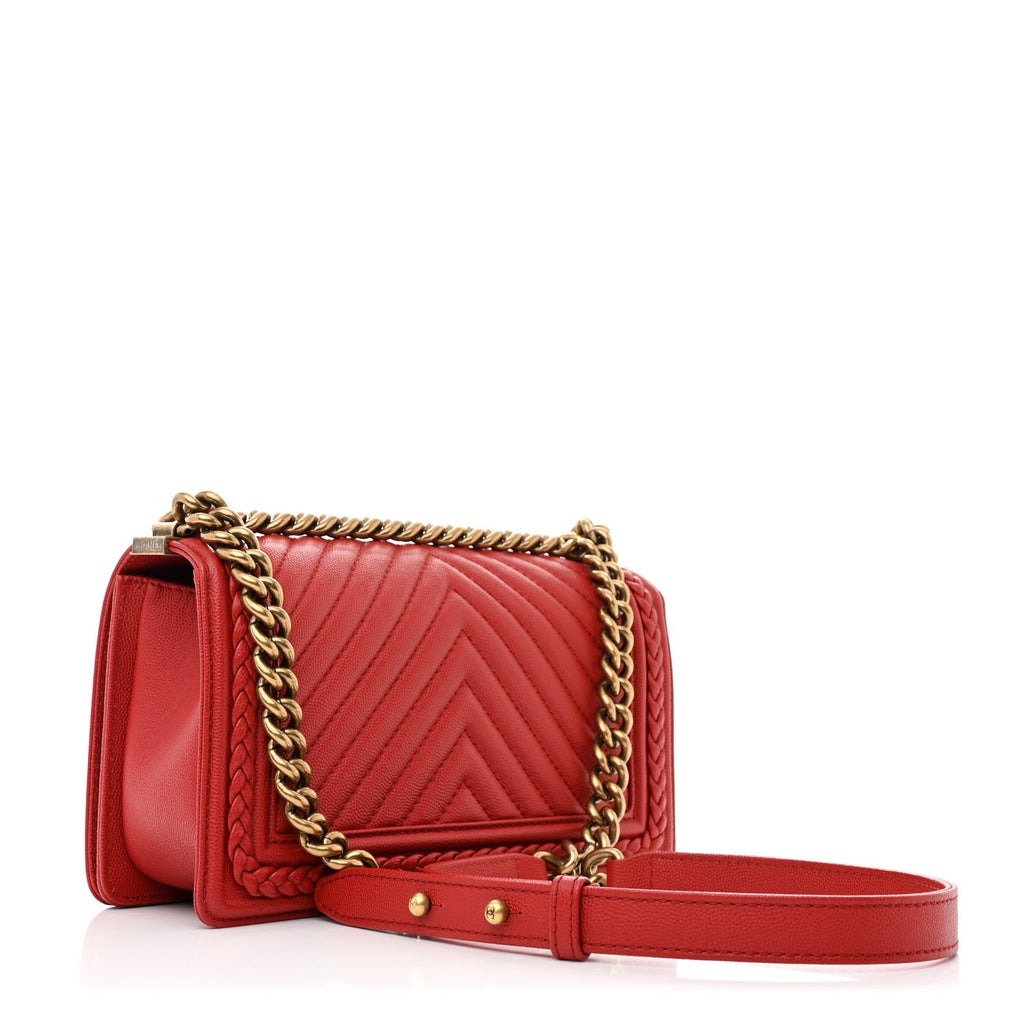 Caviar Chevron Quilted Braided Medium Boy Flap Red