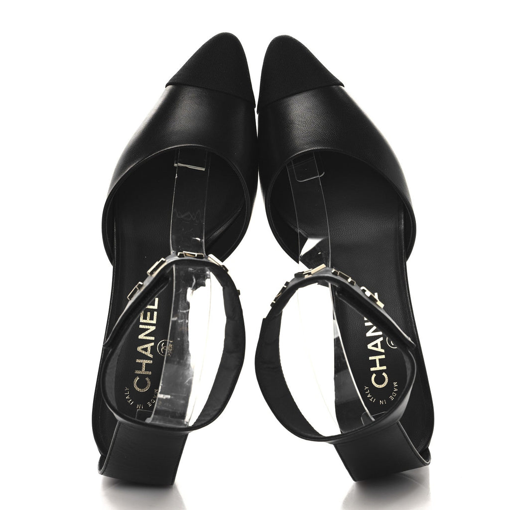 Lambskin Grosgrain Cap Toe Logo Ankle Strap Pumps 39 Black