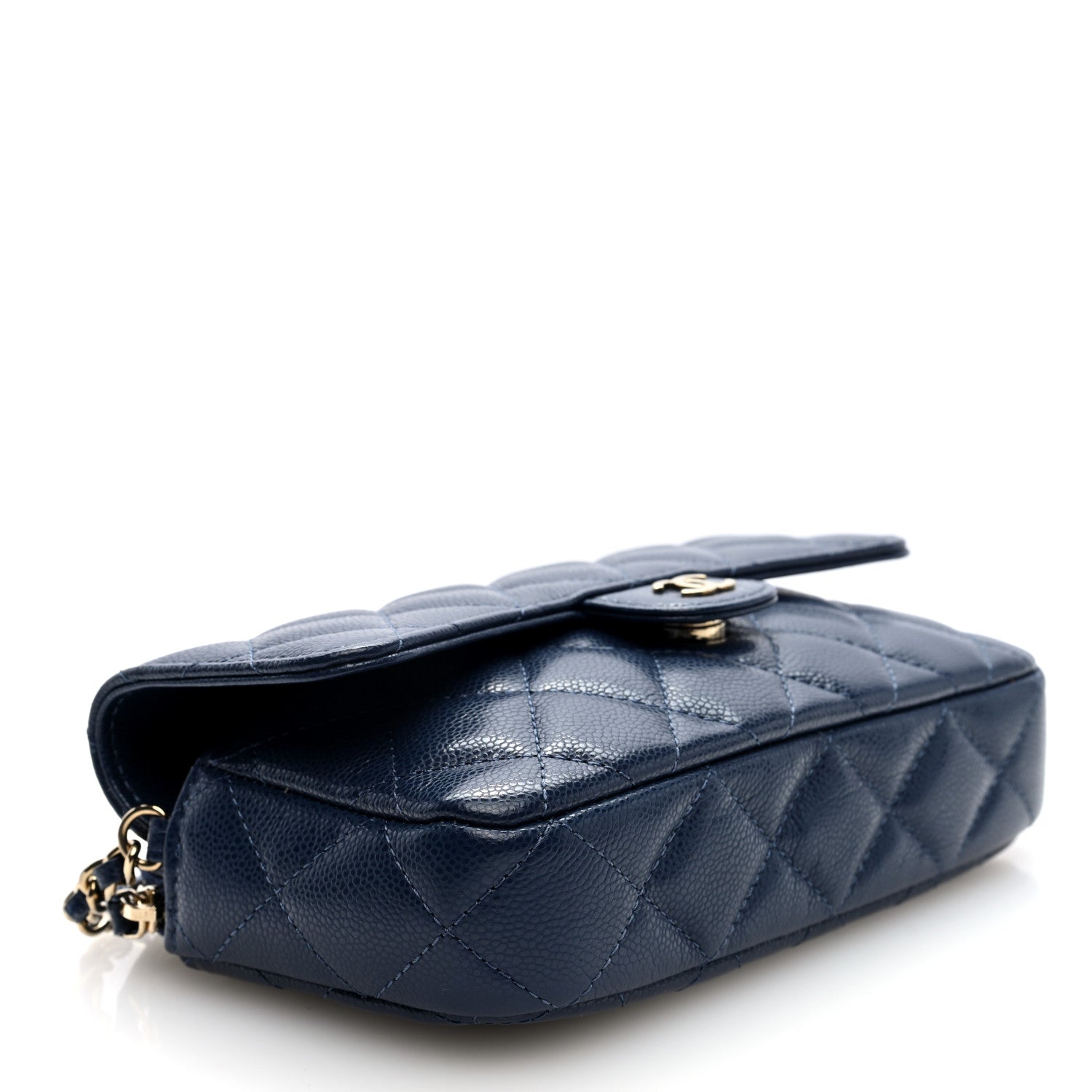Caviar Quilted Flap Phone Holder With Chain Navy Blue