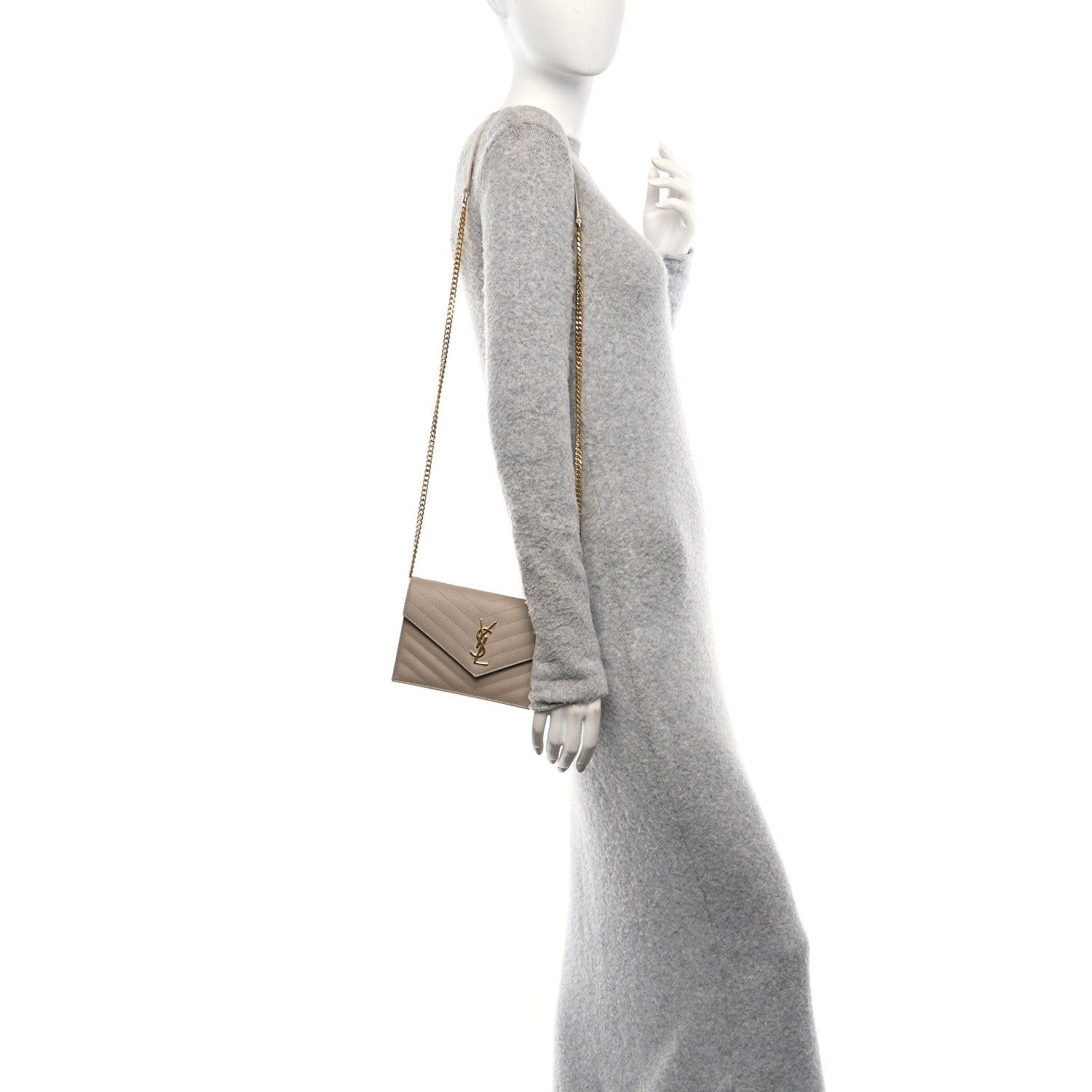 Grain De Poudre Matelasse Chevron Monogram Envelope Chain Wallet Dark Beige