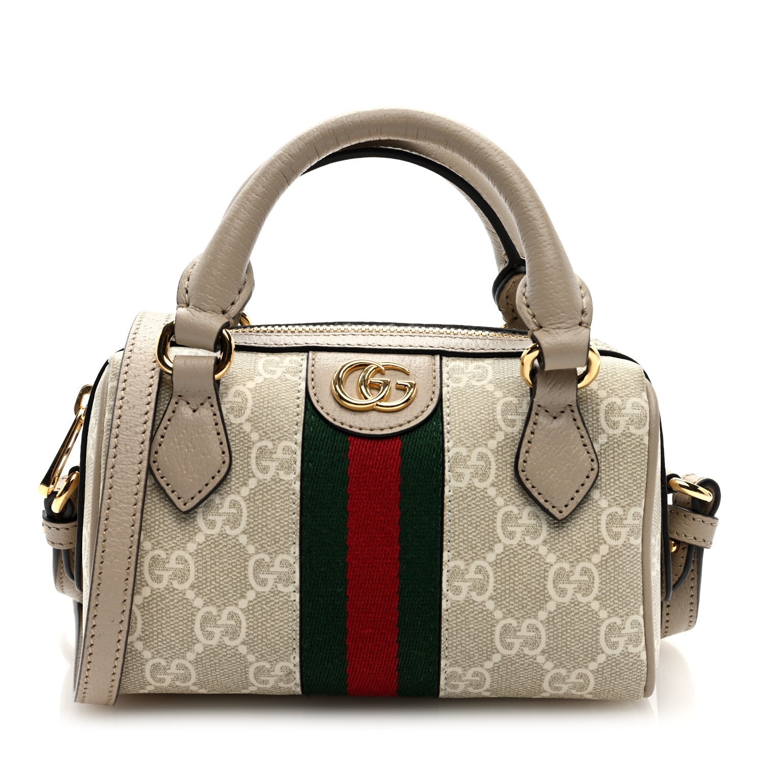 GG Supreme Monogram Textured Dollar Calfskin Web Super Mini Ophidia Top Handle Bowler Bag Beige Mystic White Oatmeal