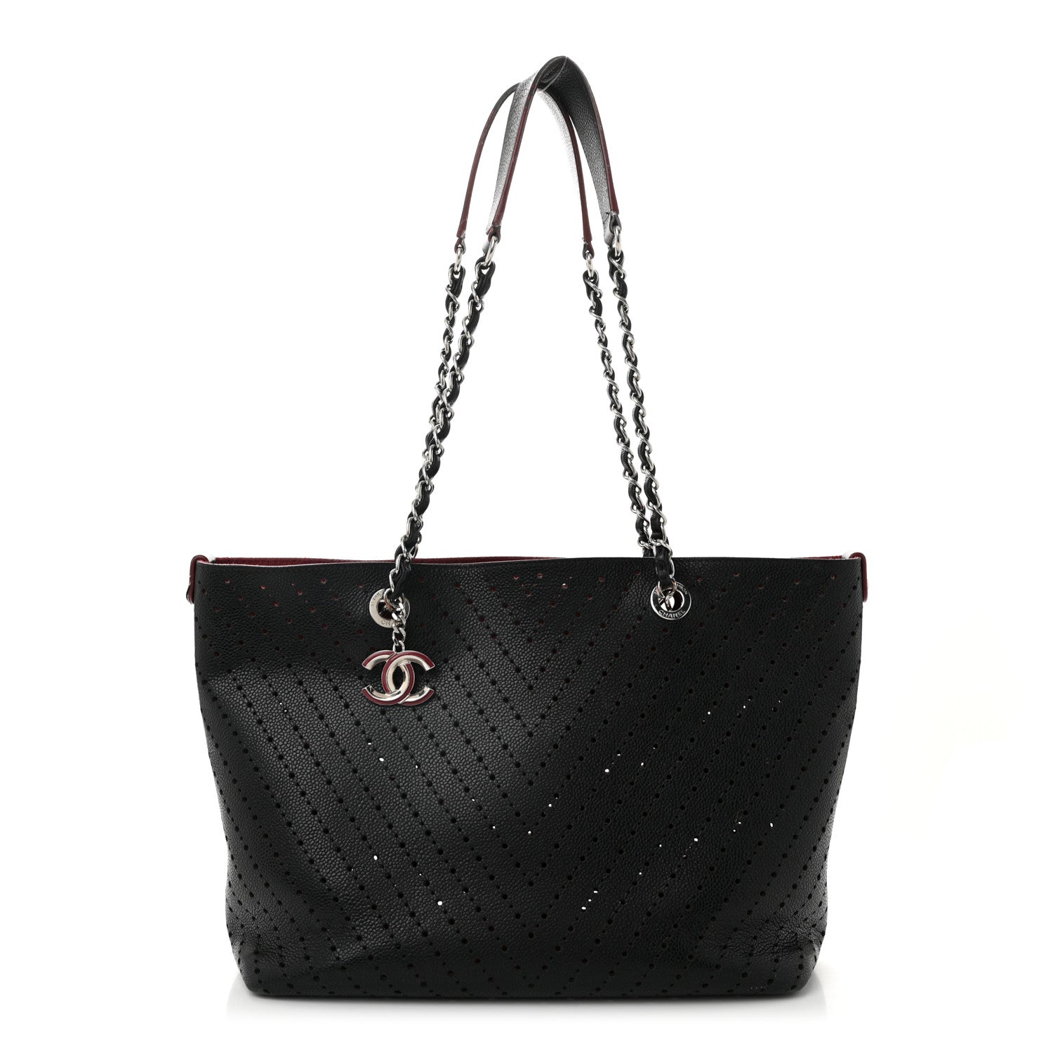 Perforated Grained Calfskin Large Shopping Tote Black