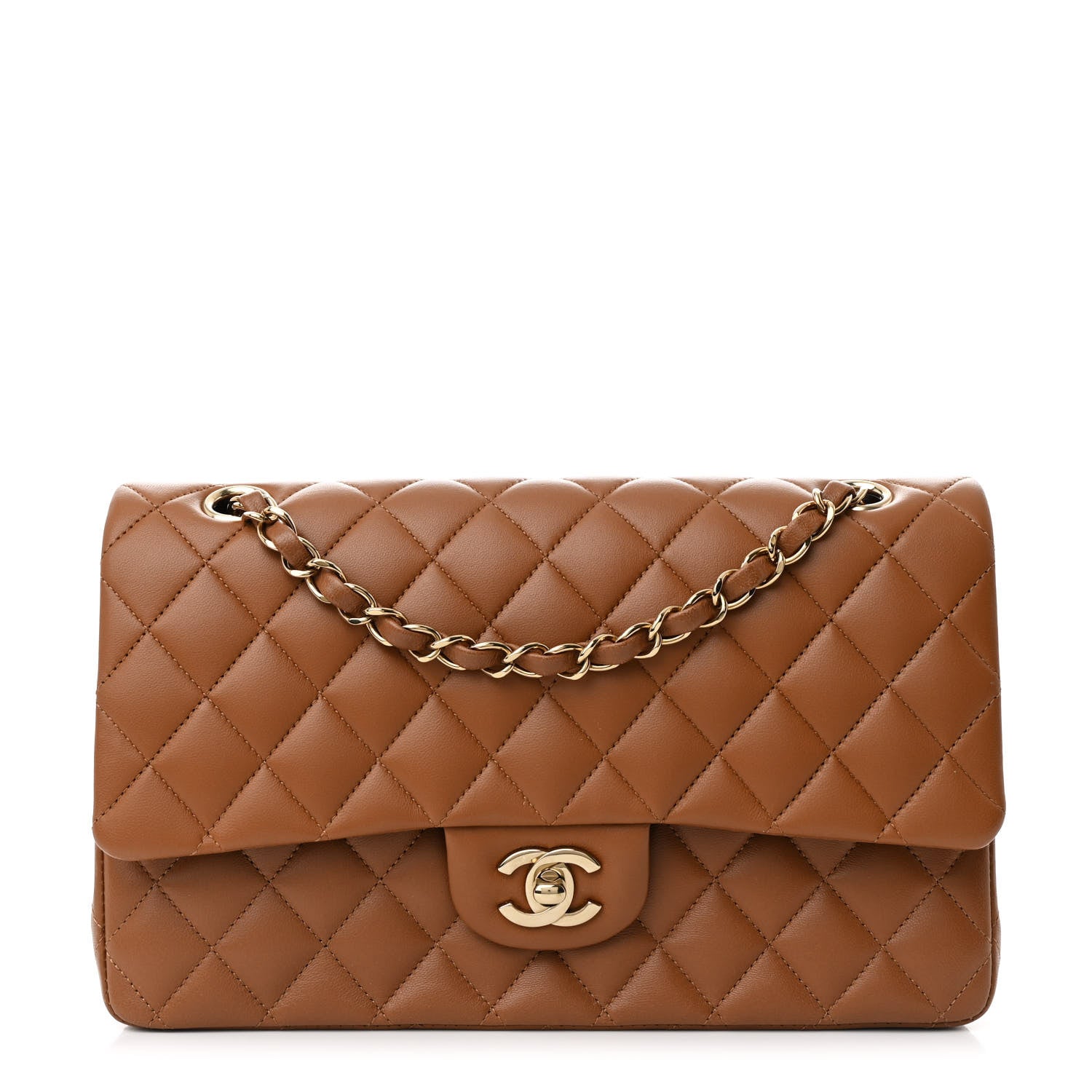 Lambskin Quilted Medium Double Flap Brown