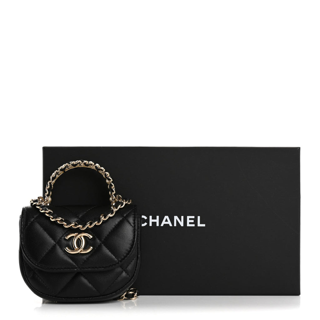 Lambskin Quilted Pearl Top Handle Clutch With Chain Black