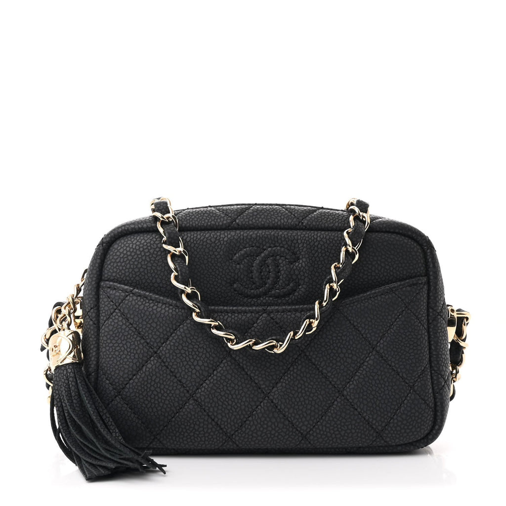 Iridescent Caviar Quilted Mini Coco Tassel Camera Case Black