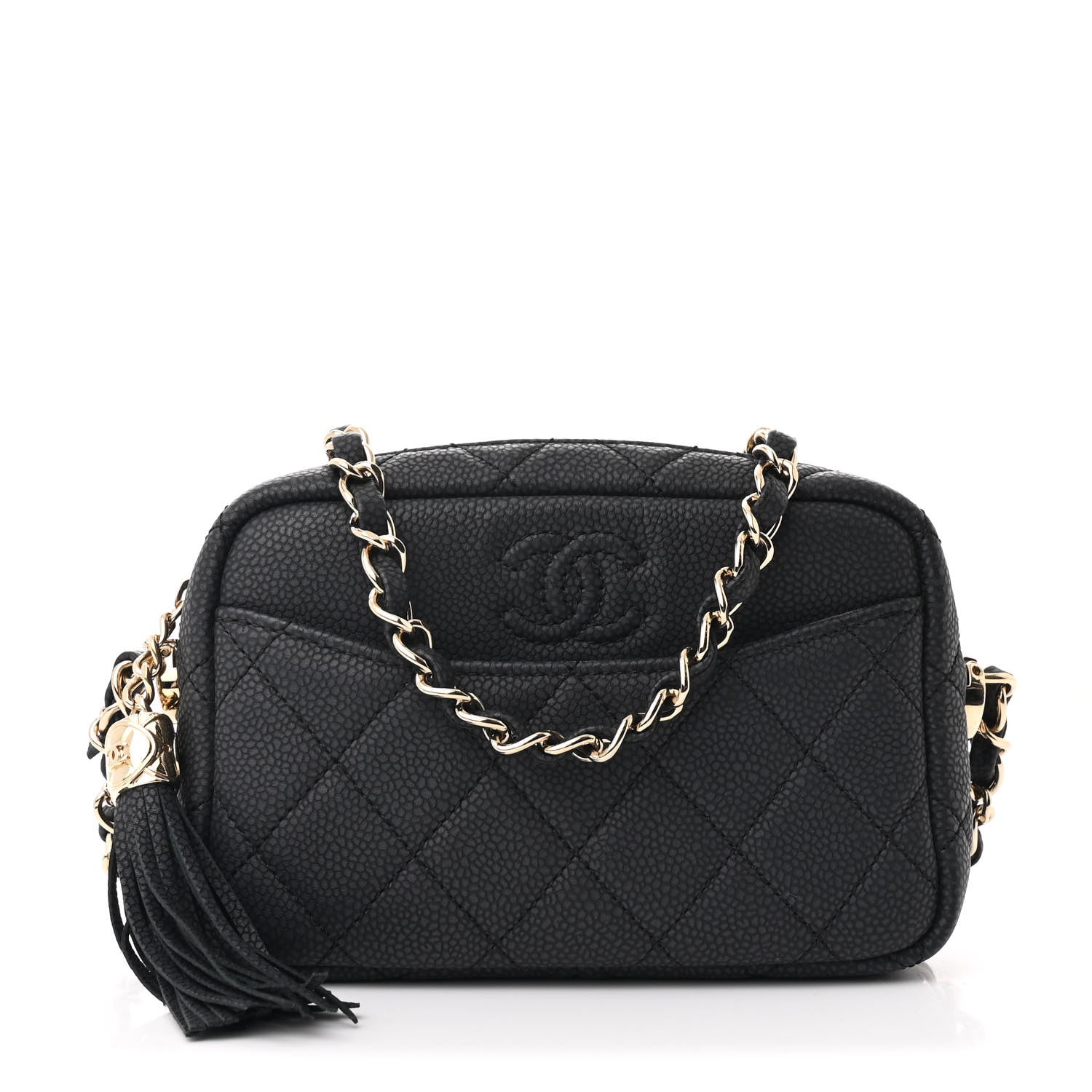 Iridescent Caviar Quilted Mini Coco Tassel Camera Case Black