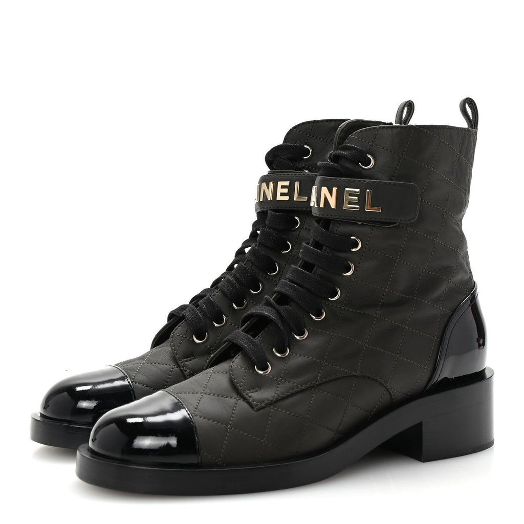 Lambskin Patent Calfskin Quilted Logo Lace Up Combat Boots 39 Dark Brown Black