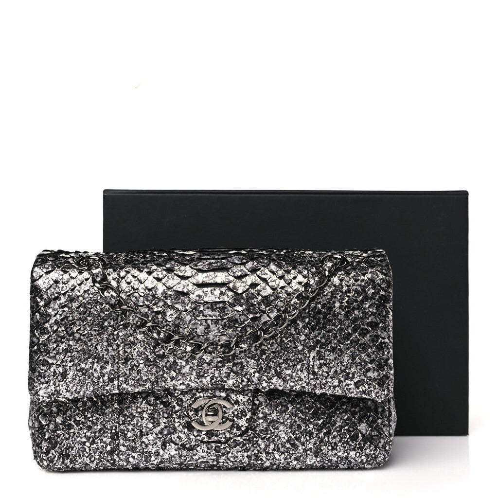 Metallic Snakeskin Medium Double Flap Black Silver