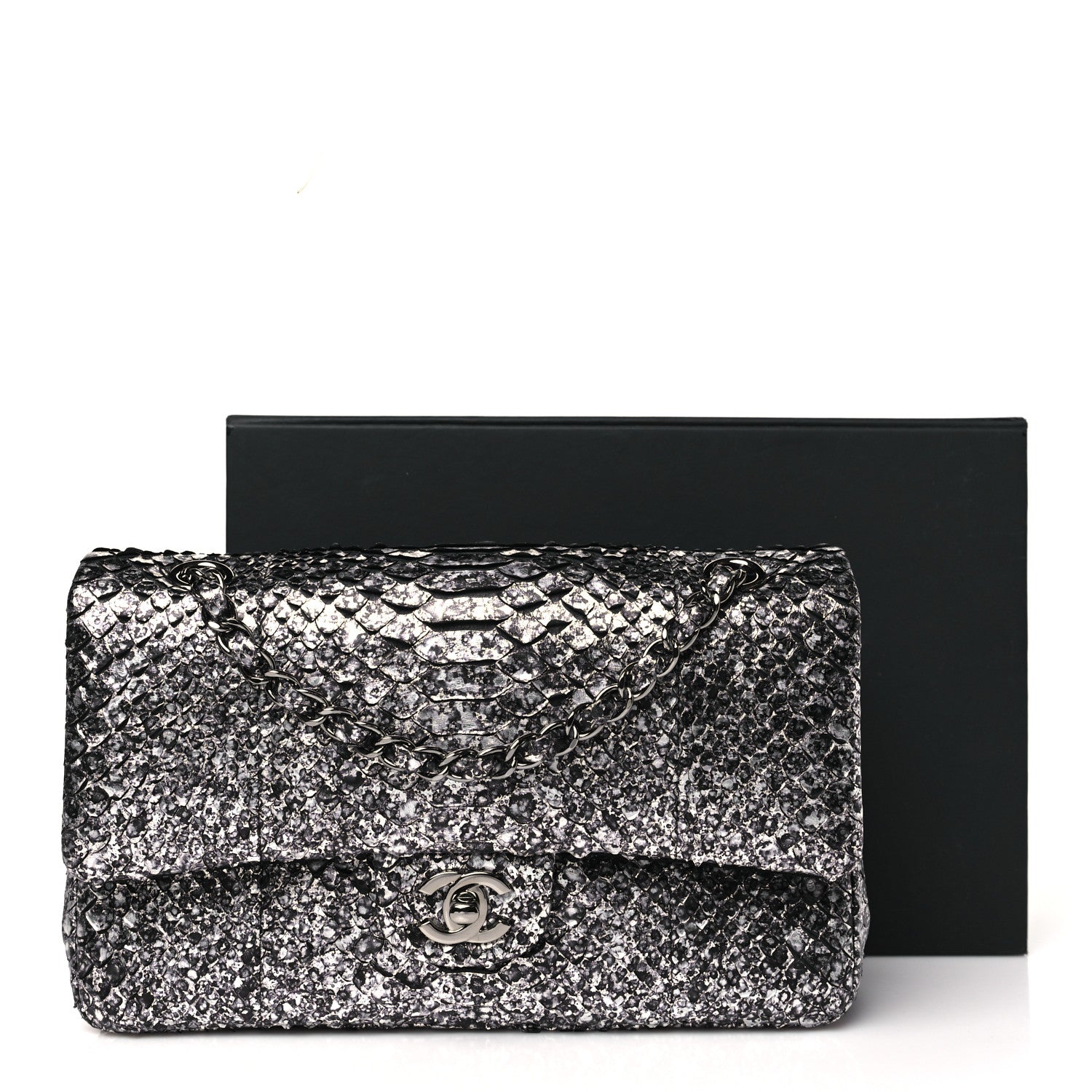 Metallic Snakeskin Medium Double Flap Black Silver