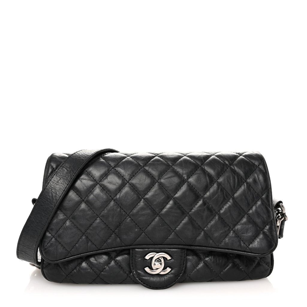 Crumpled Calfskin Quilted Medium Casual Rock Flap Black