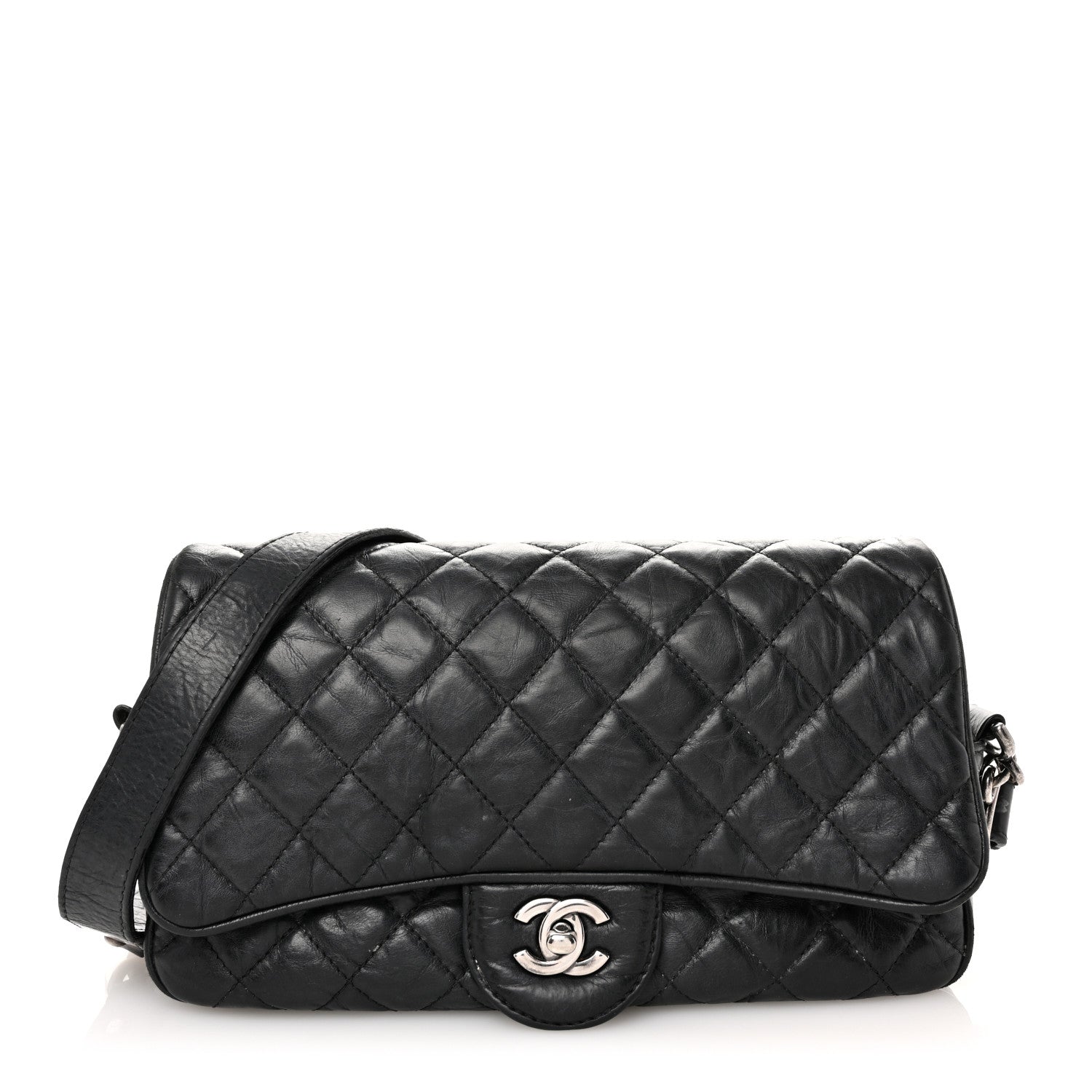 Crumpled Calfskin Quilted Medium Casual Rock Flap Black