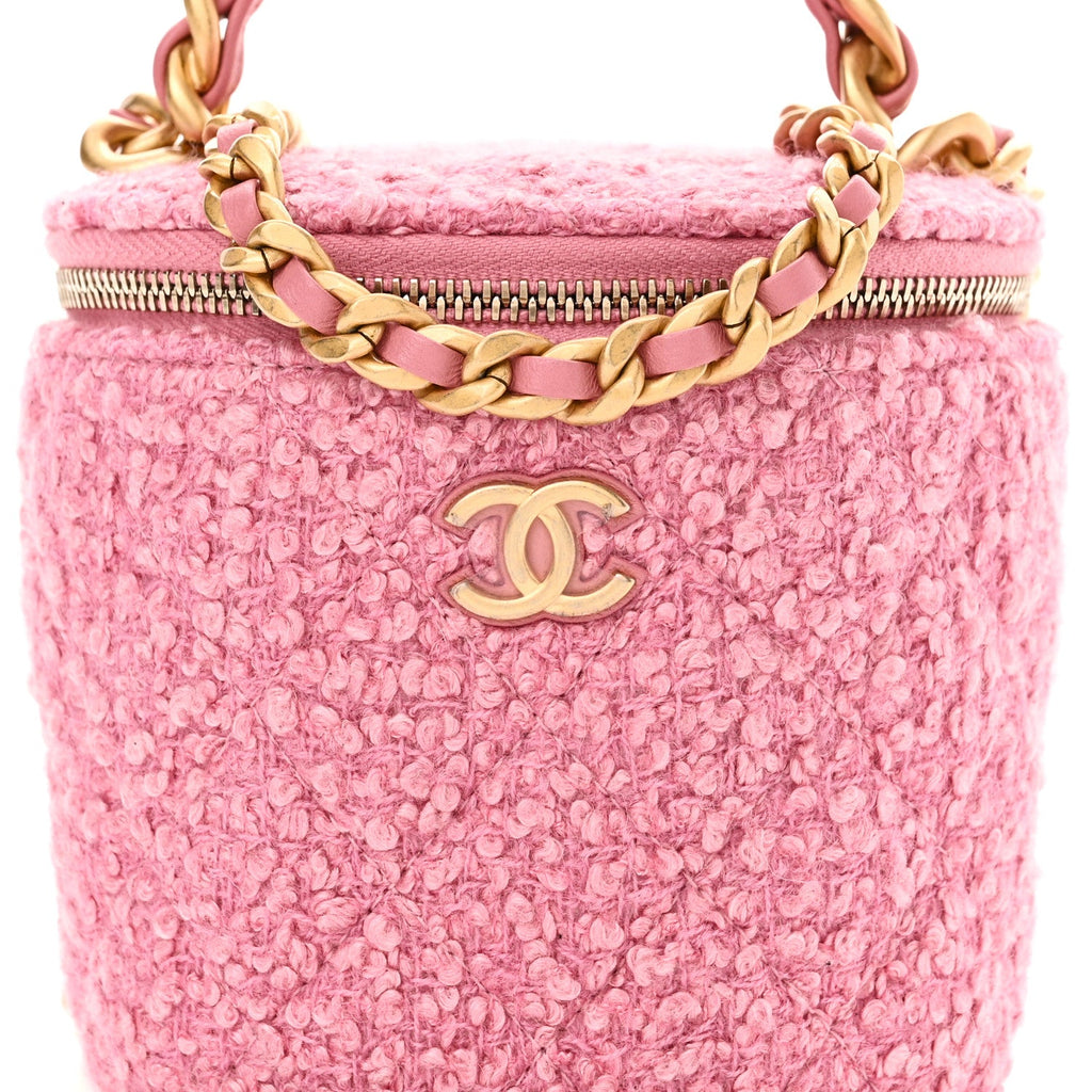 Tweed Quilted Afternoon Tea Top Handle Vanity Case With Chain Pink
