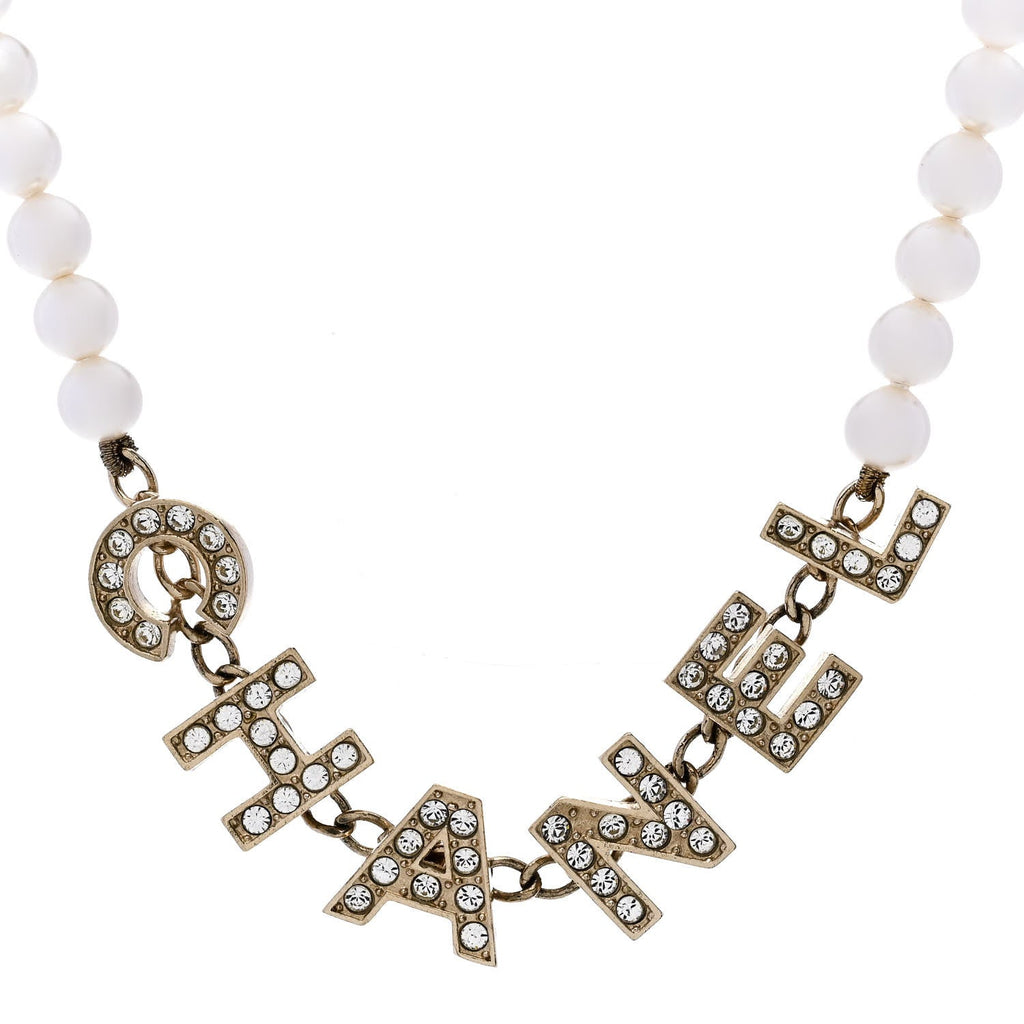 Pearl Crystal CC Logo Short Necklace Gold