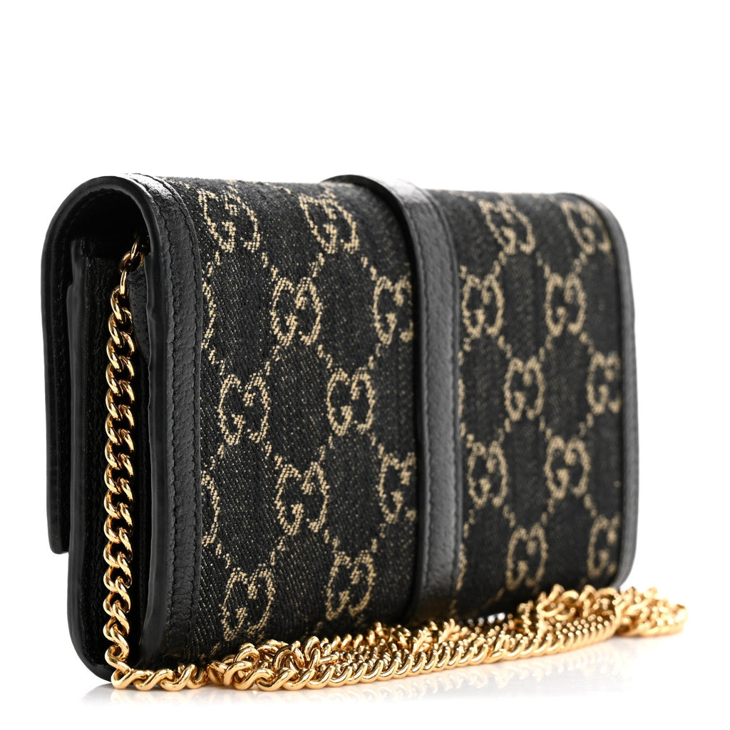 Jacquard Black Denim GG Monogram Textured Dollar Calfskin Jackie 1961 Chain Wallet Black Ivory