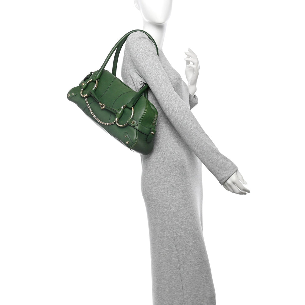 Calfskin Large Horsebit Chain Satchel Green
