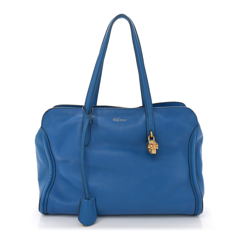 Pebbled Calfskin Large Skull Padlock Zip Around Tote Cobalt