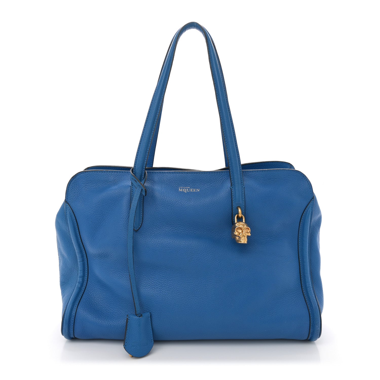 Pebbled Calfskin Large Skull Padlock Zip Around Tote Cobalt