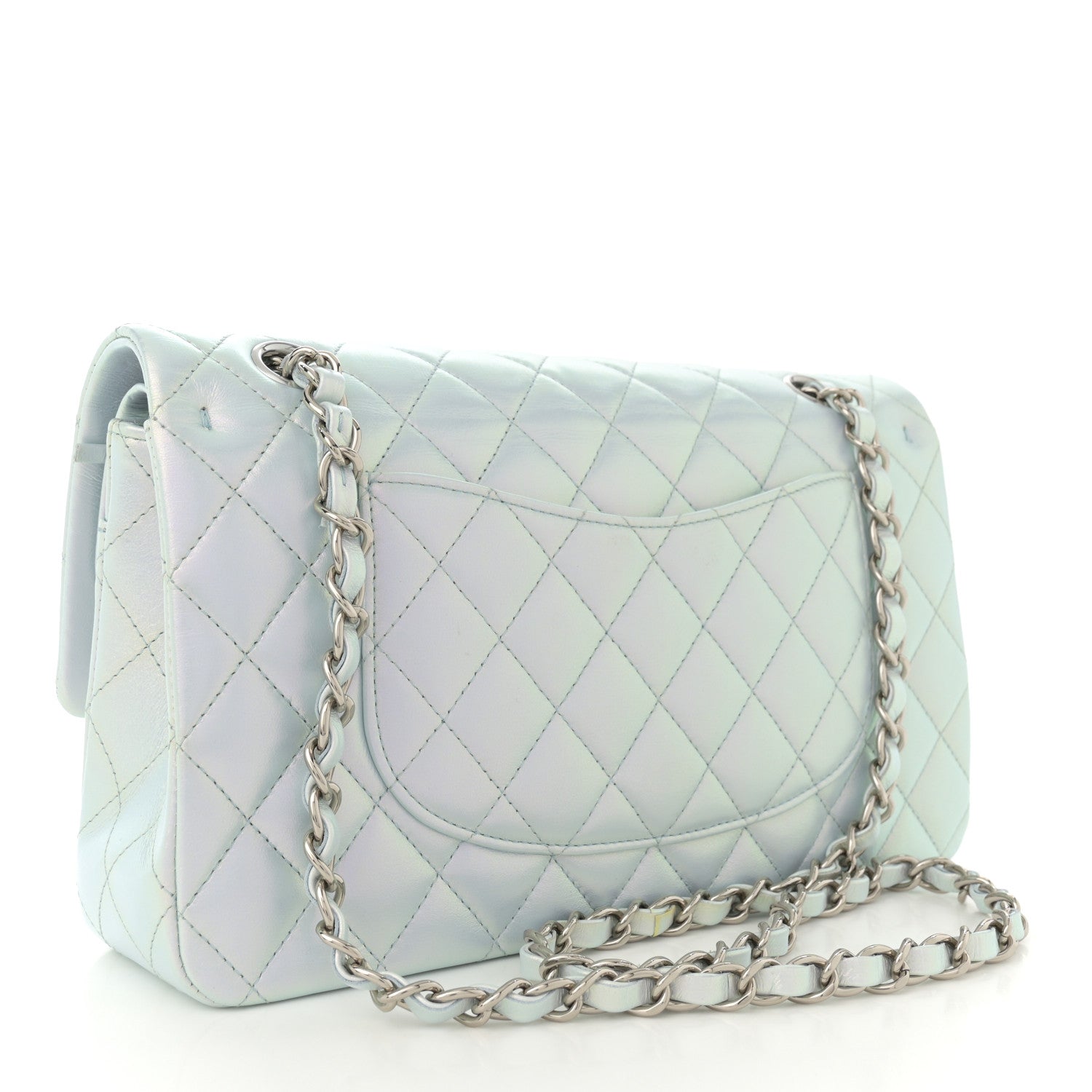 Iridescent Calfskin Quilted Medium Double Flap Light Blue