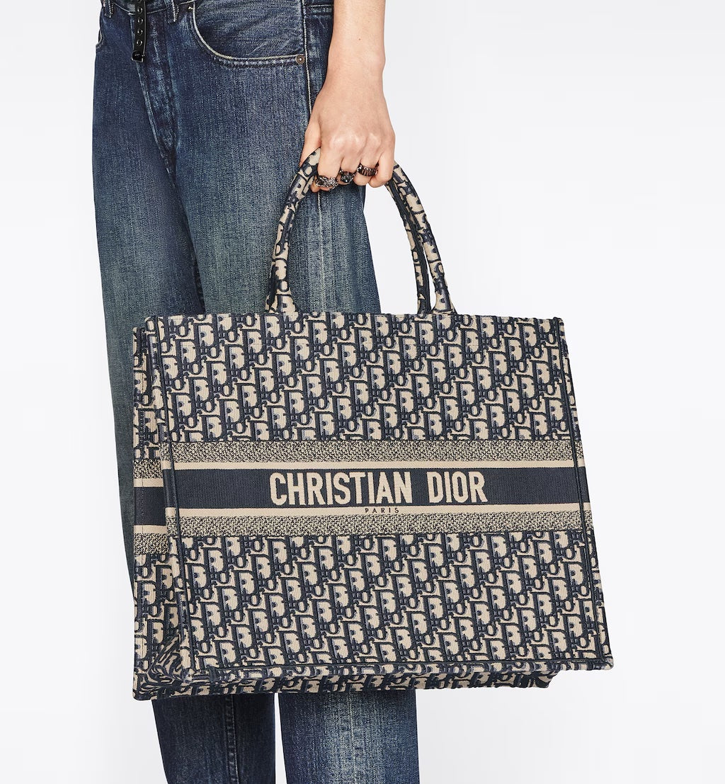 DIOR ECRU & BLUE OBLIQUE EMBROIDERY LARGE BOOK TOTE BAG