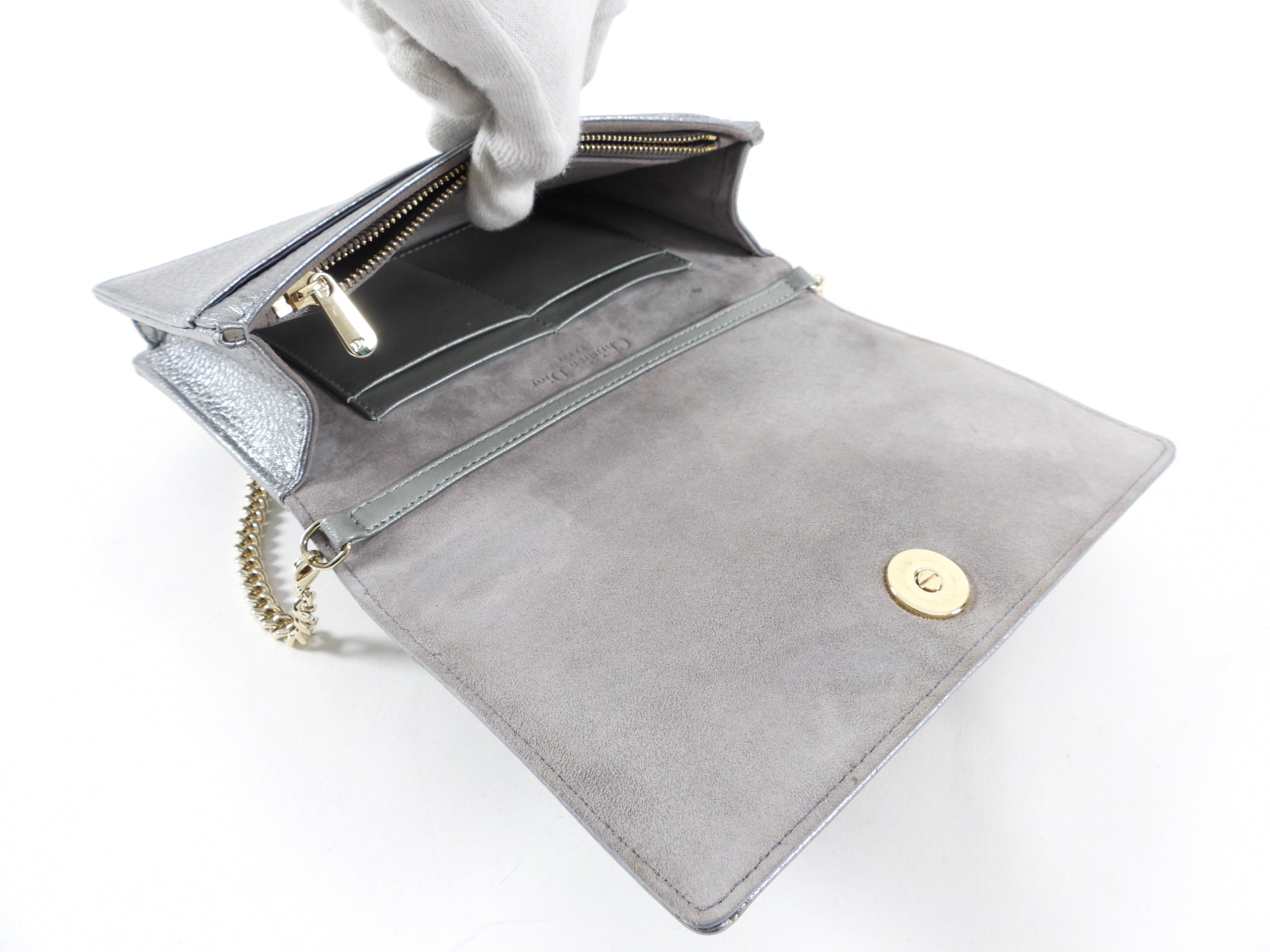 Diorama Metallic Grey Silver Calf Crossbody Wallet on Chain Bag