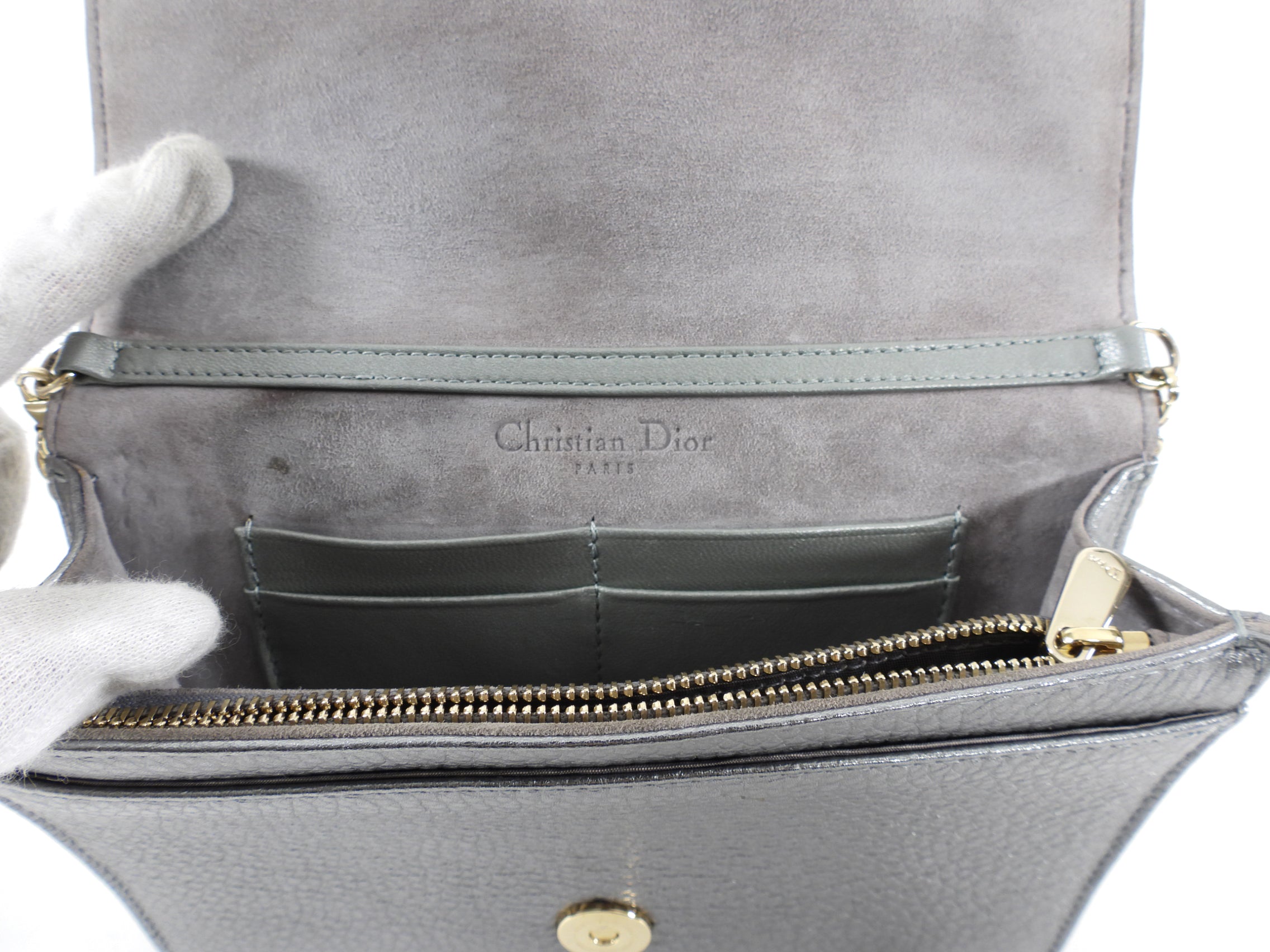 Diorama Metallic Grey Silver Calf Crossbody Wallet on Chain Bag