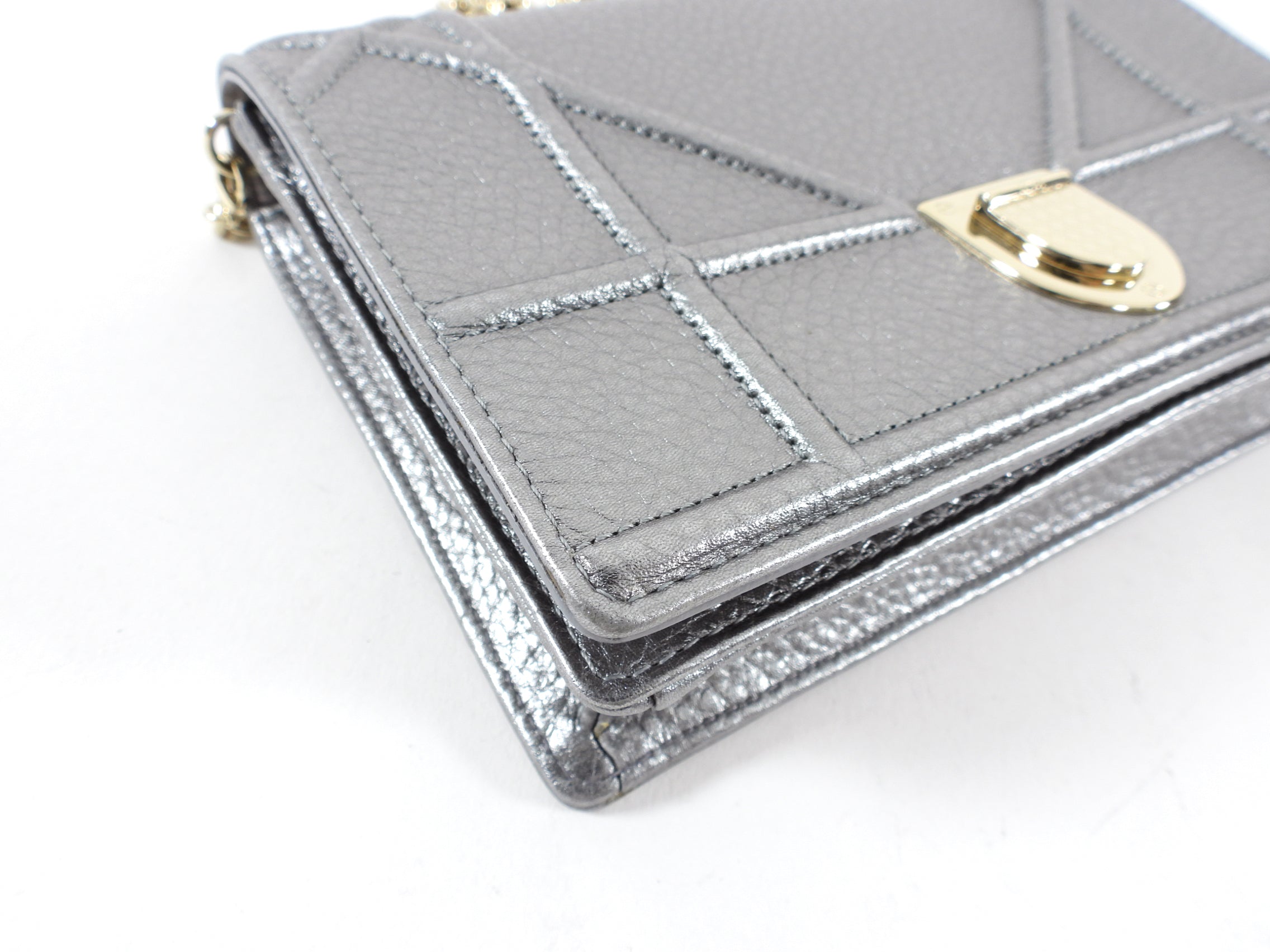 Diorama Metallic Grey Silver Calf Crossbody Wallet on Chain Bag
