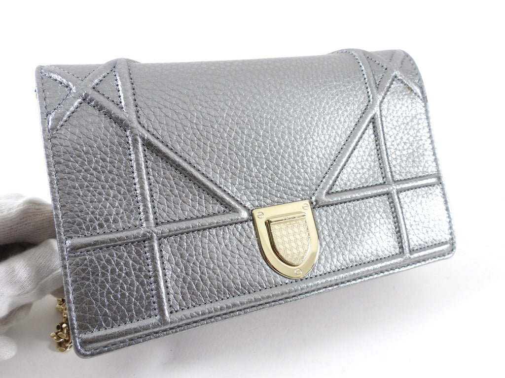Diorama Metallic Grey Silver Calf Crossbody Wallet on Chain Bag