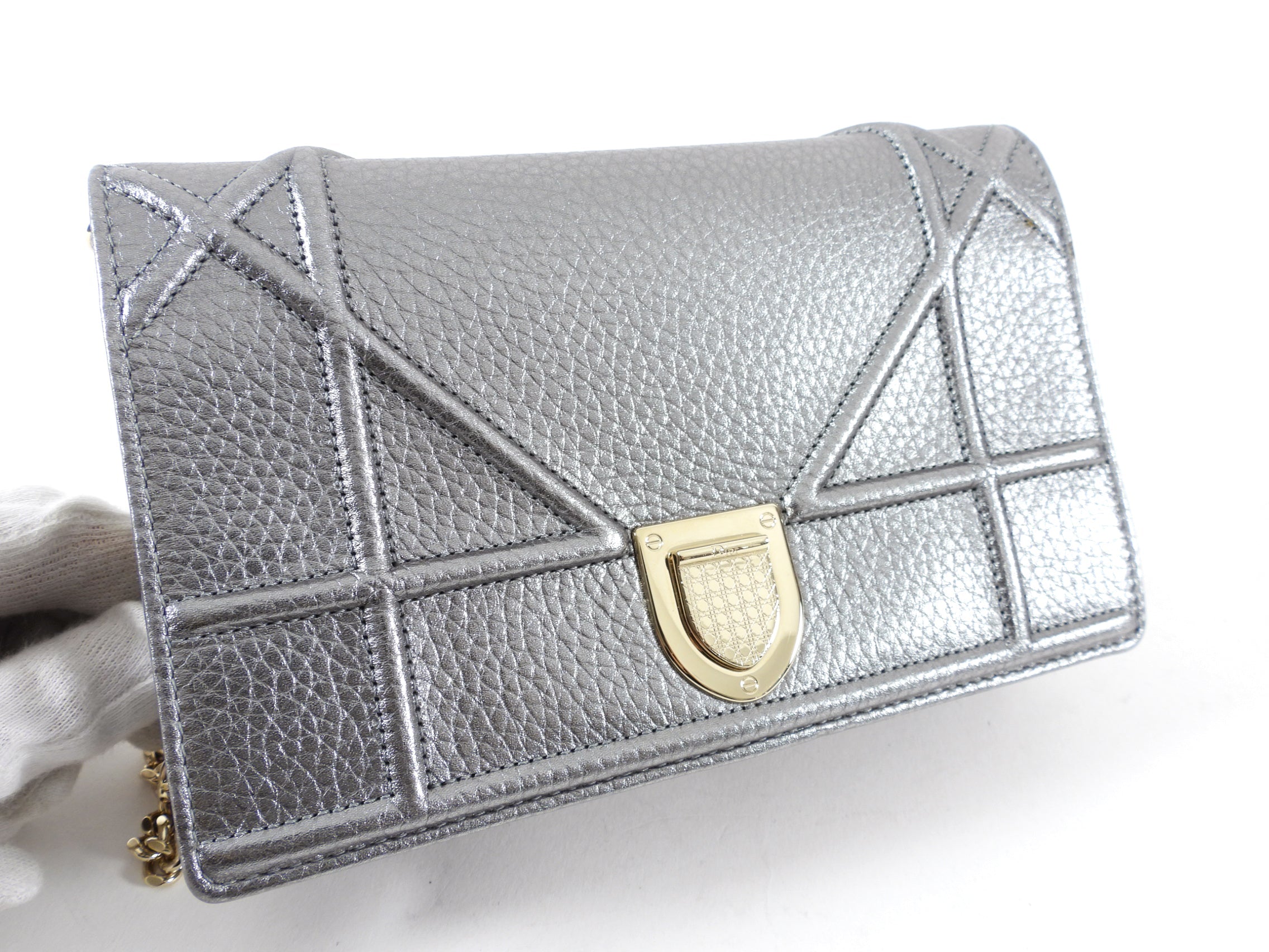 Diorama Metallic Grey Silver Calf Crossbody Wallet on Chain Bag