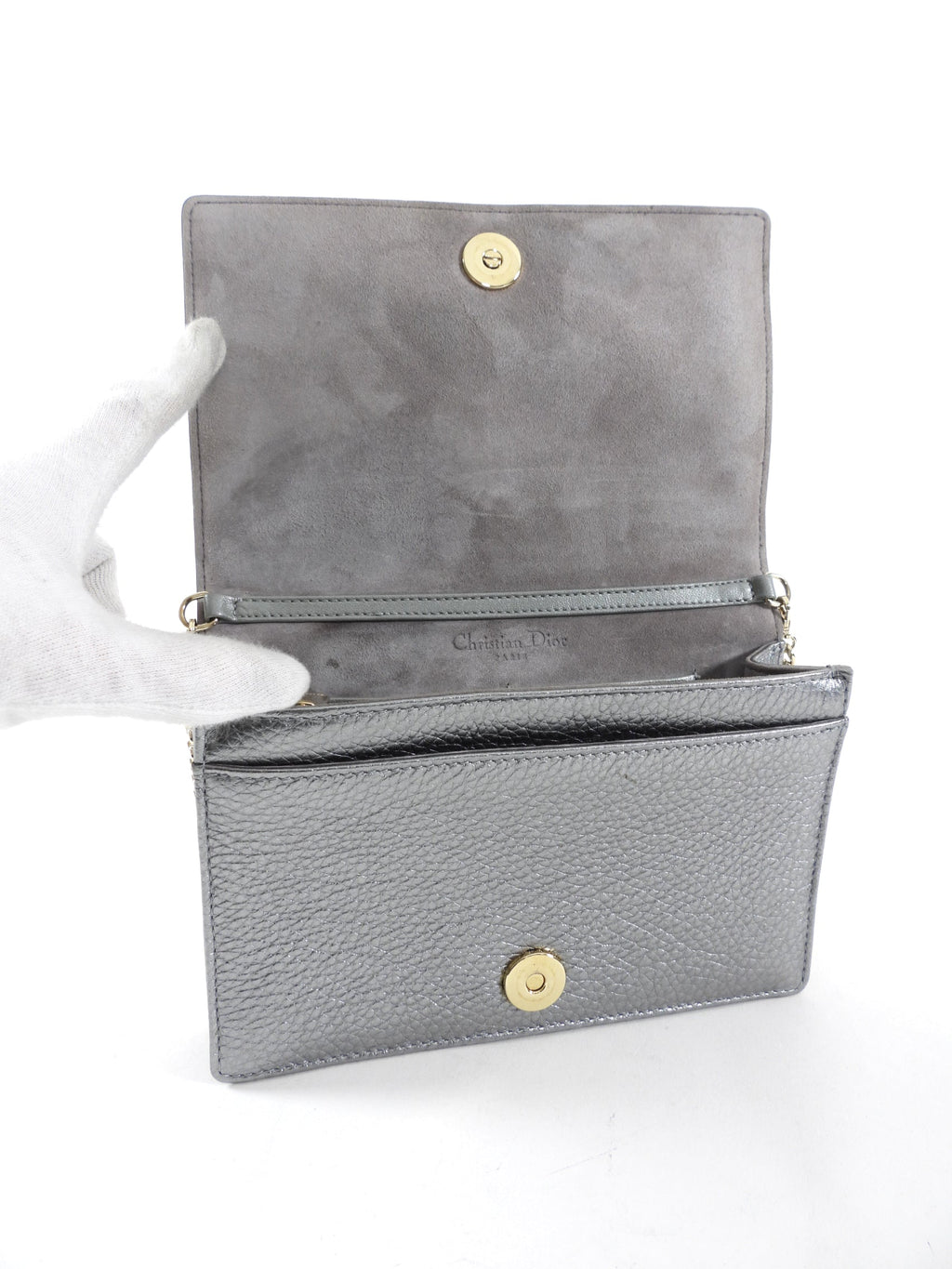 Diorama Metallic Grey Silver Calf Crossbody Wallet on Chain Bag