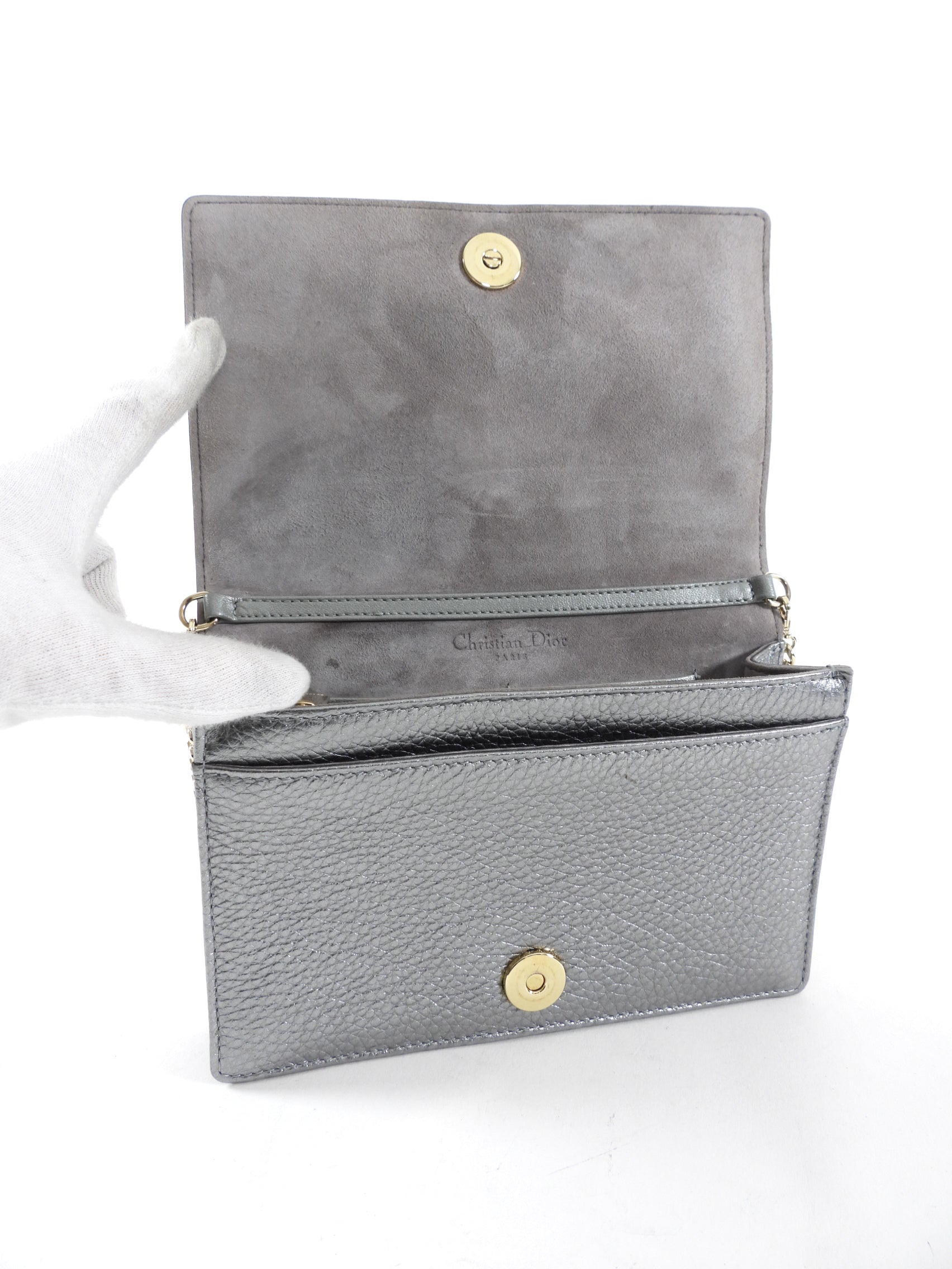 Diorama Metallic Grey Silver Calf Crossbody Wallet on Chain Bag