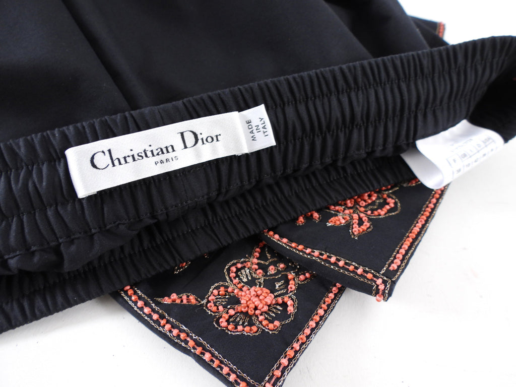 Christian Dior Black Cotton Coral Bead Embroidery Wide Leg Pant - S / M
