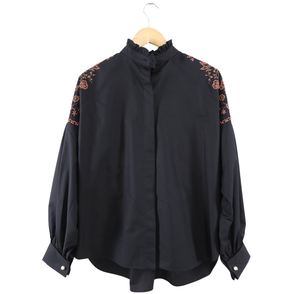 Christian Dior Black Cotton Coral Bead Embroidery Boho Shirt - S / M