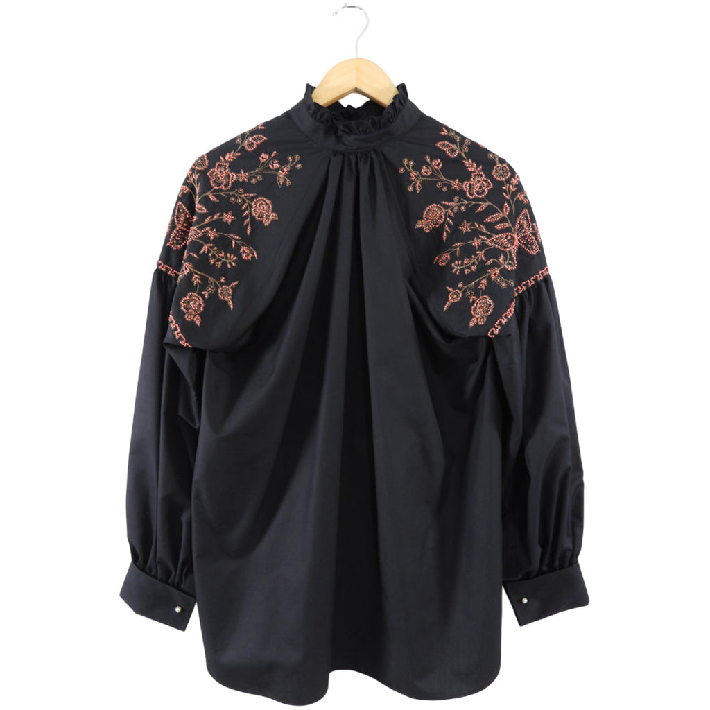 Christian Dior Black Cotton Coral Bead Embroidery Boho Shirt - S / M