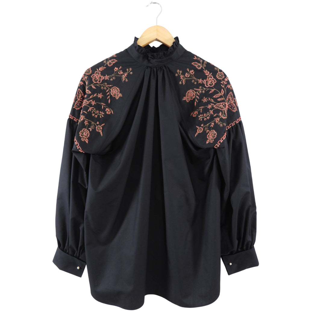 Christian Dior Black Cotton Coral Bead Embroidery Boho Shirt - S / M