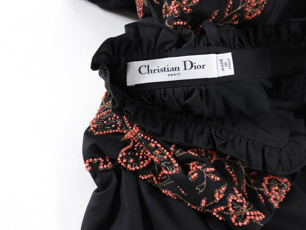 Christian Dior Black Cotton Coral Bead Embroidery Boho Shirt - S / M